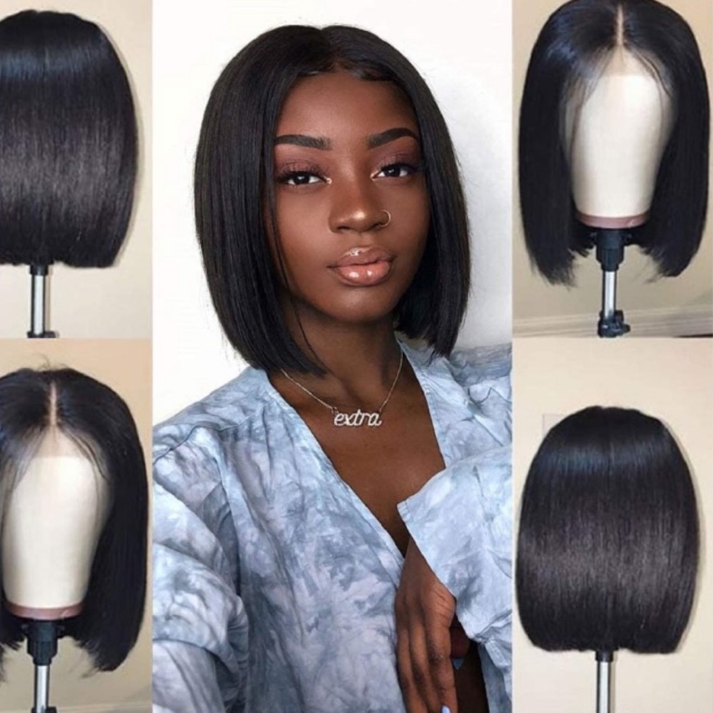 - 12” SHORT BLACK BOB HUMAN HAIR STRAIGHT LACE-FRONT